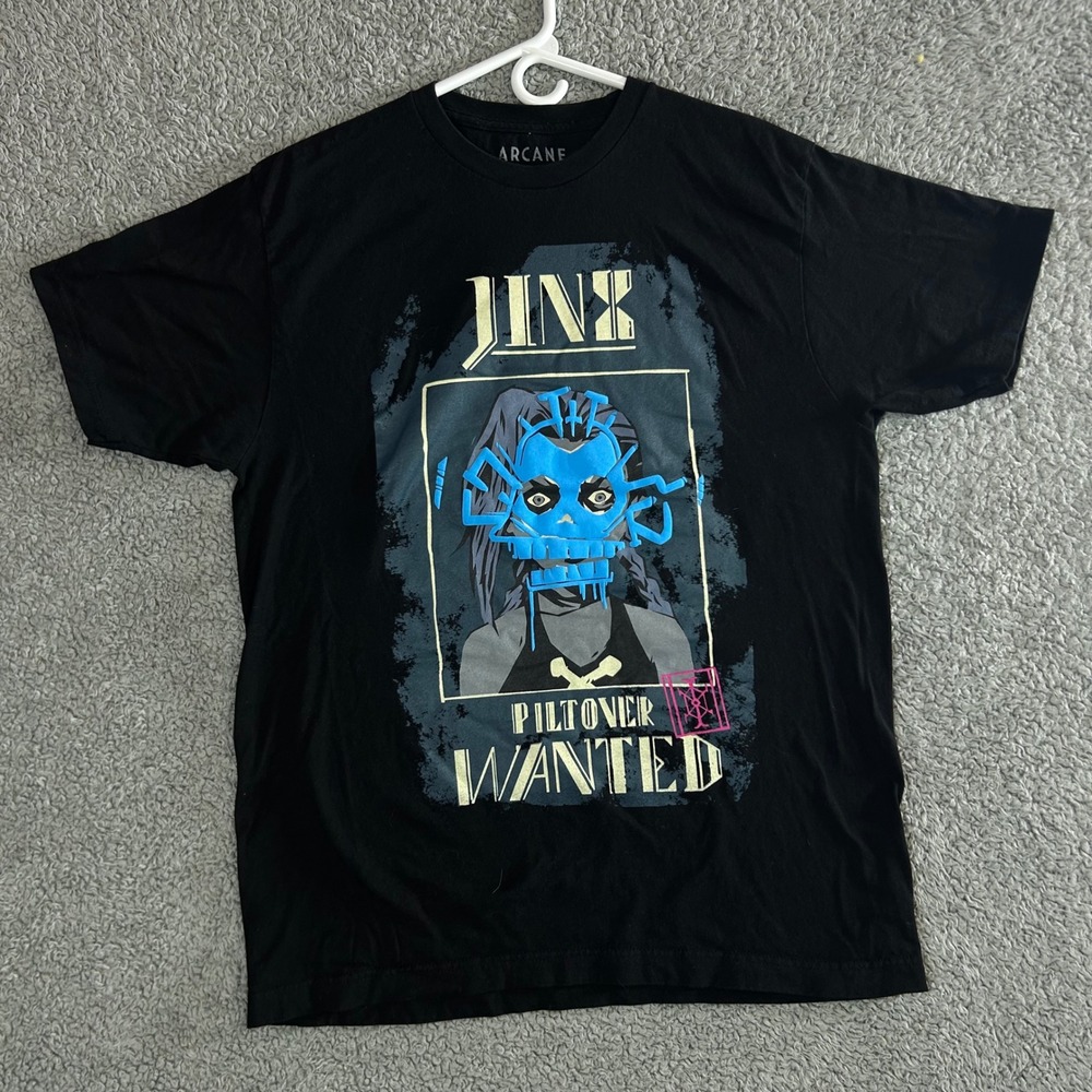 Arcane League of Legends Jinx Wanted Poster Graphic T-Shirt Black Mens L‎ Riot